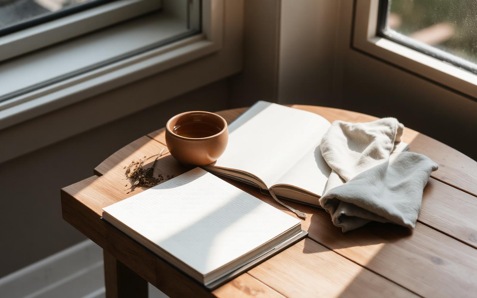 An open notebook and clay cup of herbal tea on a wooden table by a window