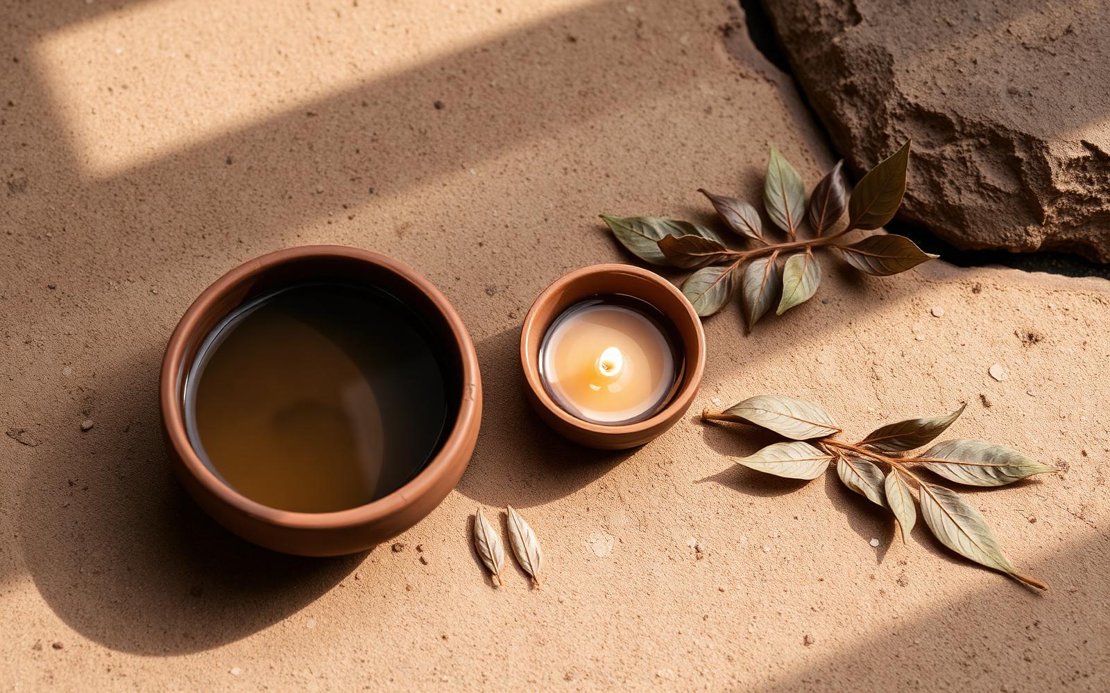 Clay bowls of water and a lit lamp with dried leaves on warm stone