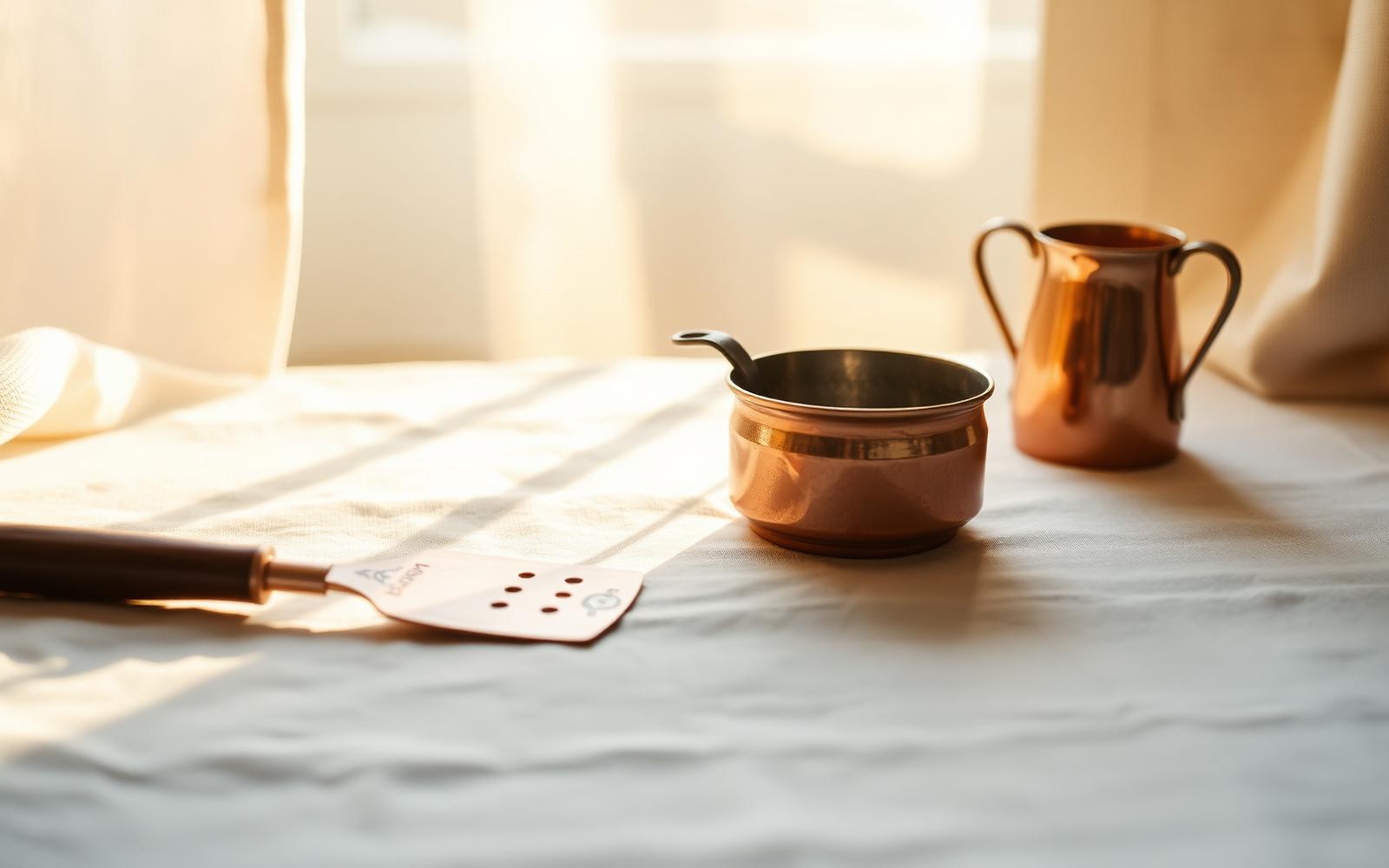 Copper vessel and tongue scraper on linen in early morning sunlight